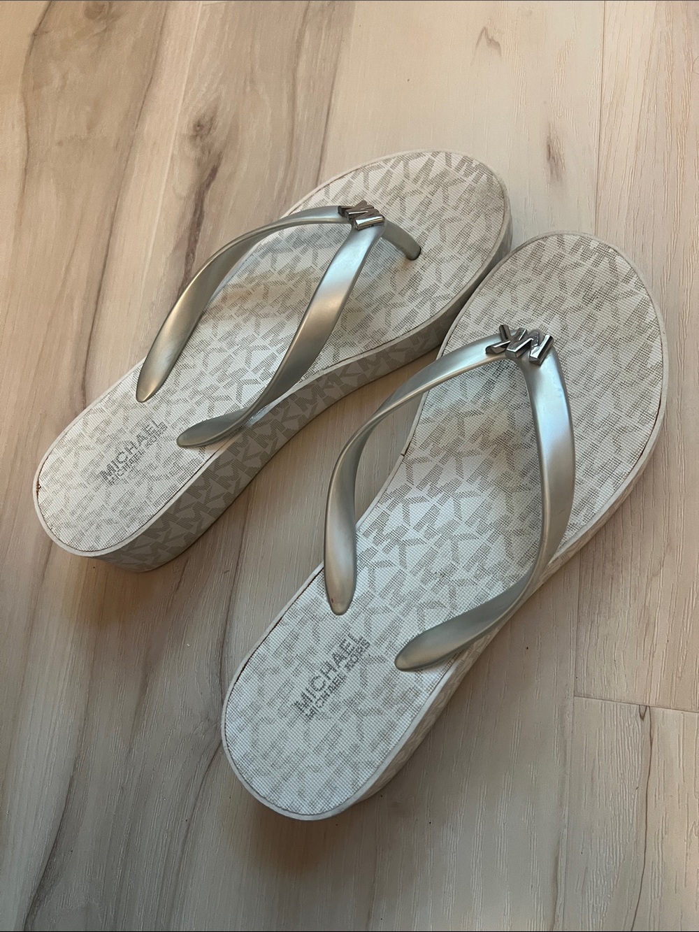 Michael Kors Metallic Silver Logo Wedge Sandals